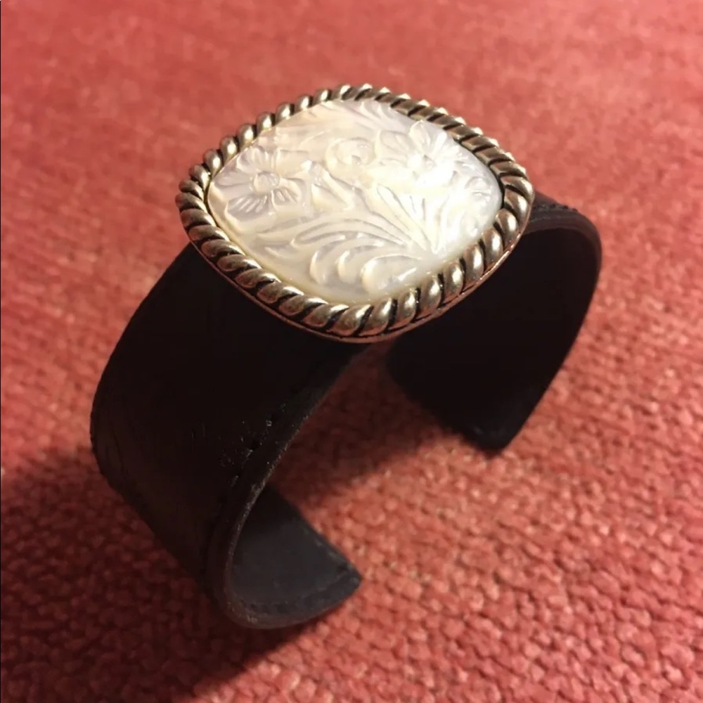 Vintage 80s Hand Tooled Leather Pearl Sterling Silver 925 Cuff Bracelet
